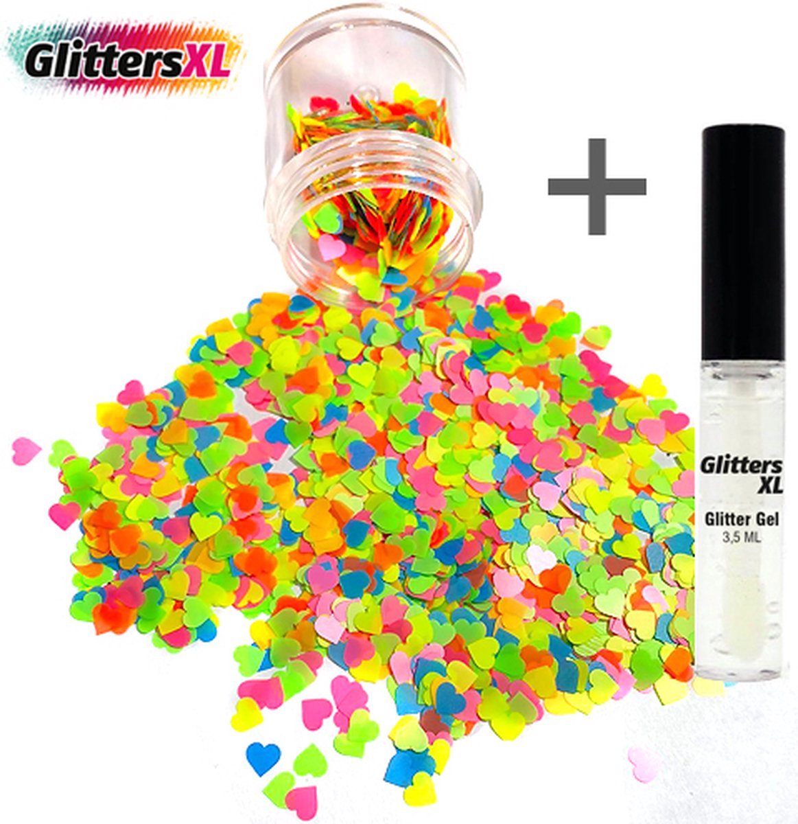 GlittersXL - Chunky Glitters Rainbow Hartjes + Glitter Huid Lijm (Volume 8g) [Festival Glitters voor Lichaam en Gezicht - Makeup Kinderen Volwassen - Gay Pride Month LGBTQ Regenboog Rainbow Pride Week]